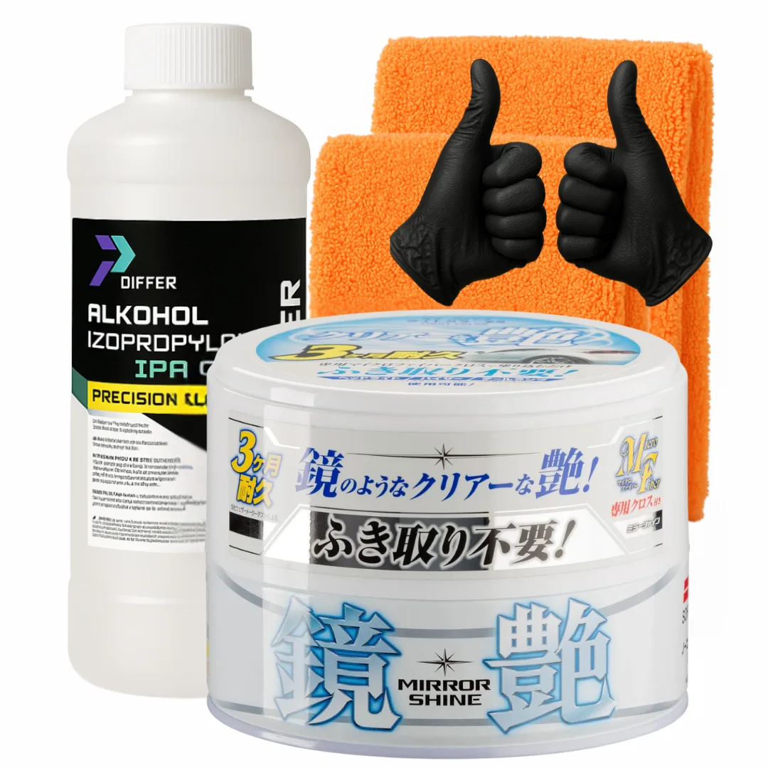 SOFT99 Mirror Shine Wax Light 200g + 2x mikrofibra + IPA 1L + nitryle