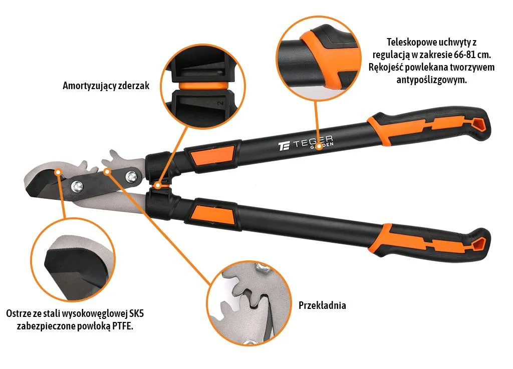 Sekator nożycowy - dwuręczny teleskopowy TEGER + Rękawice robocze ochronne Wurth WHITE r.10