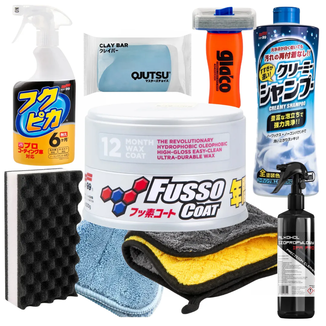 Wosk SOFT99 New Fusso Coat 12 Months Wax LIGHT 200g zestaw do jasnych lakierów